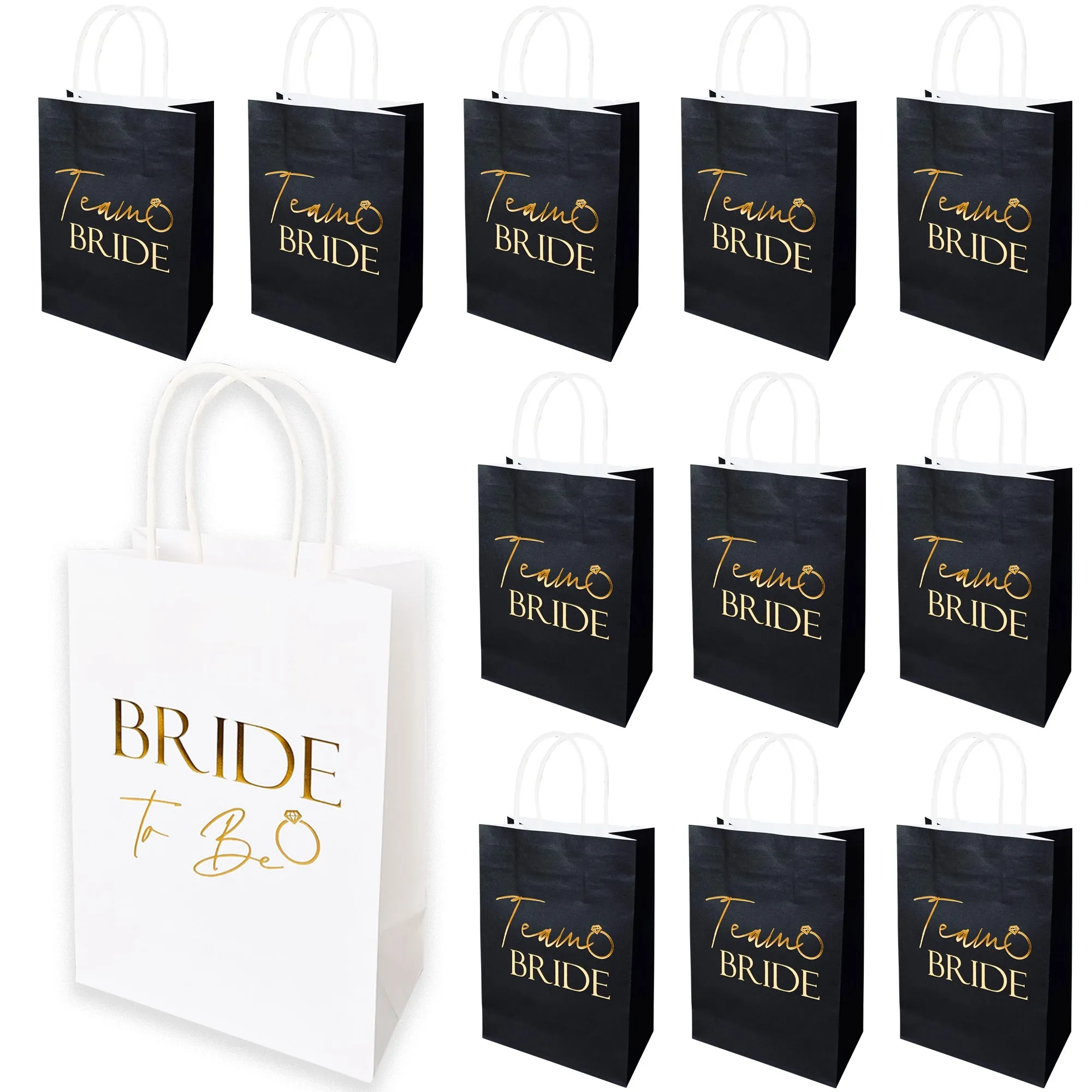 17 Pack Hen Party Bags (16x Team Bride 1x Bride to Be) Paper Bags Black and Gold Foil