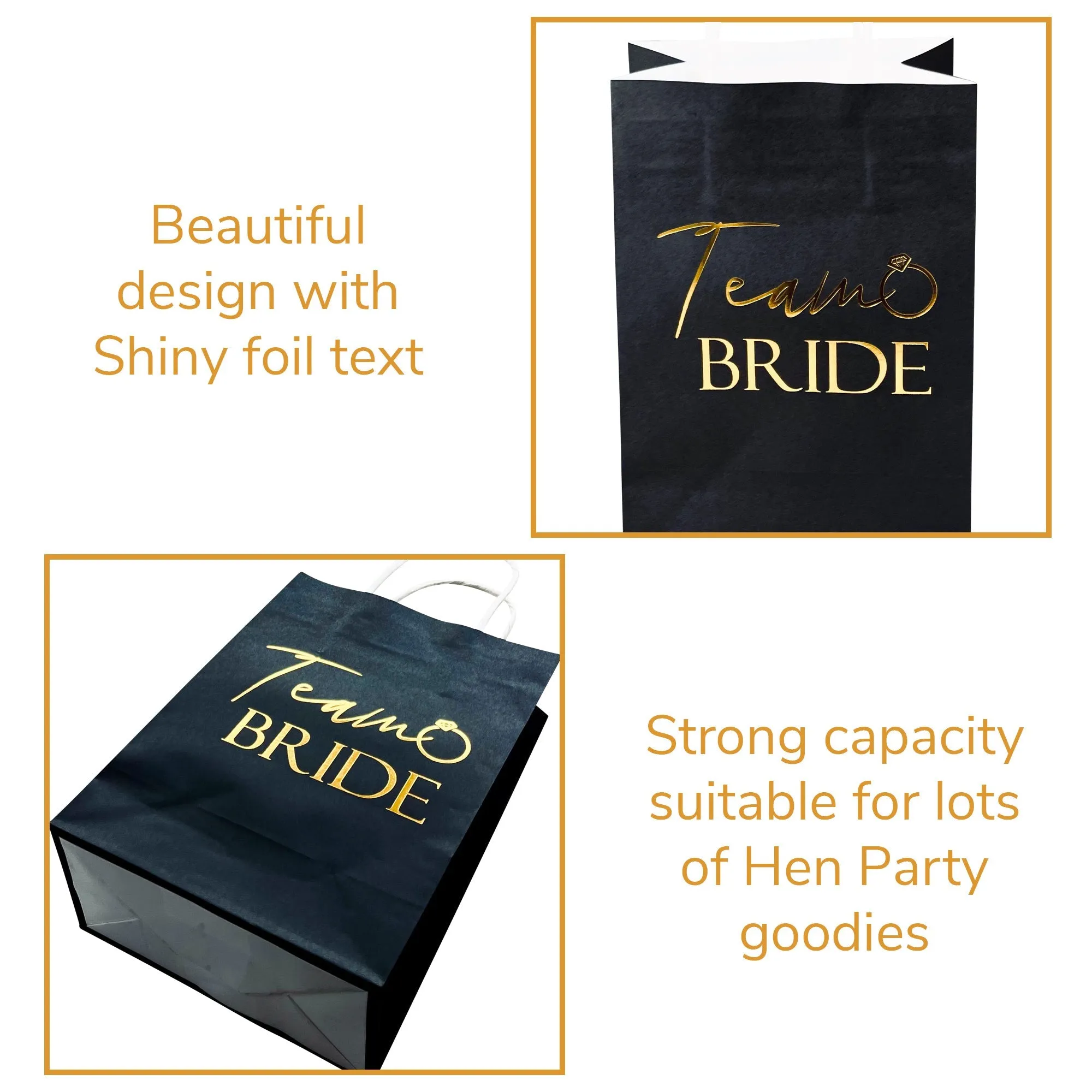 17 Pack Hen Party Bags (16x Team Bride 1x Bride to Be) Paper Bags Black and Gold Foil