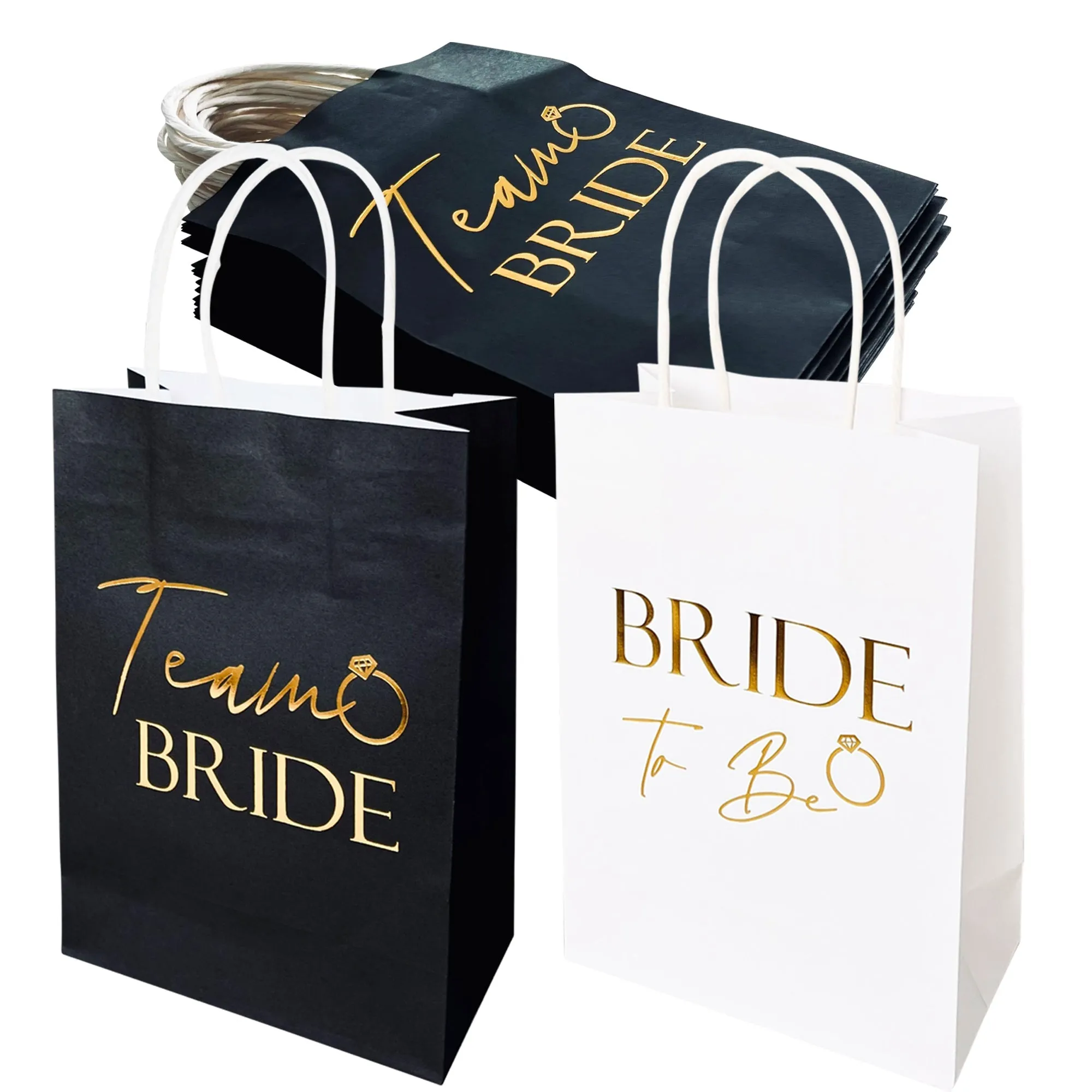 17 Pack Hen Party Bags (16x Team Bride 1x Bride to Be) Paper Bags Black and Gold Foil