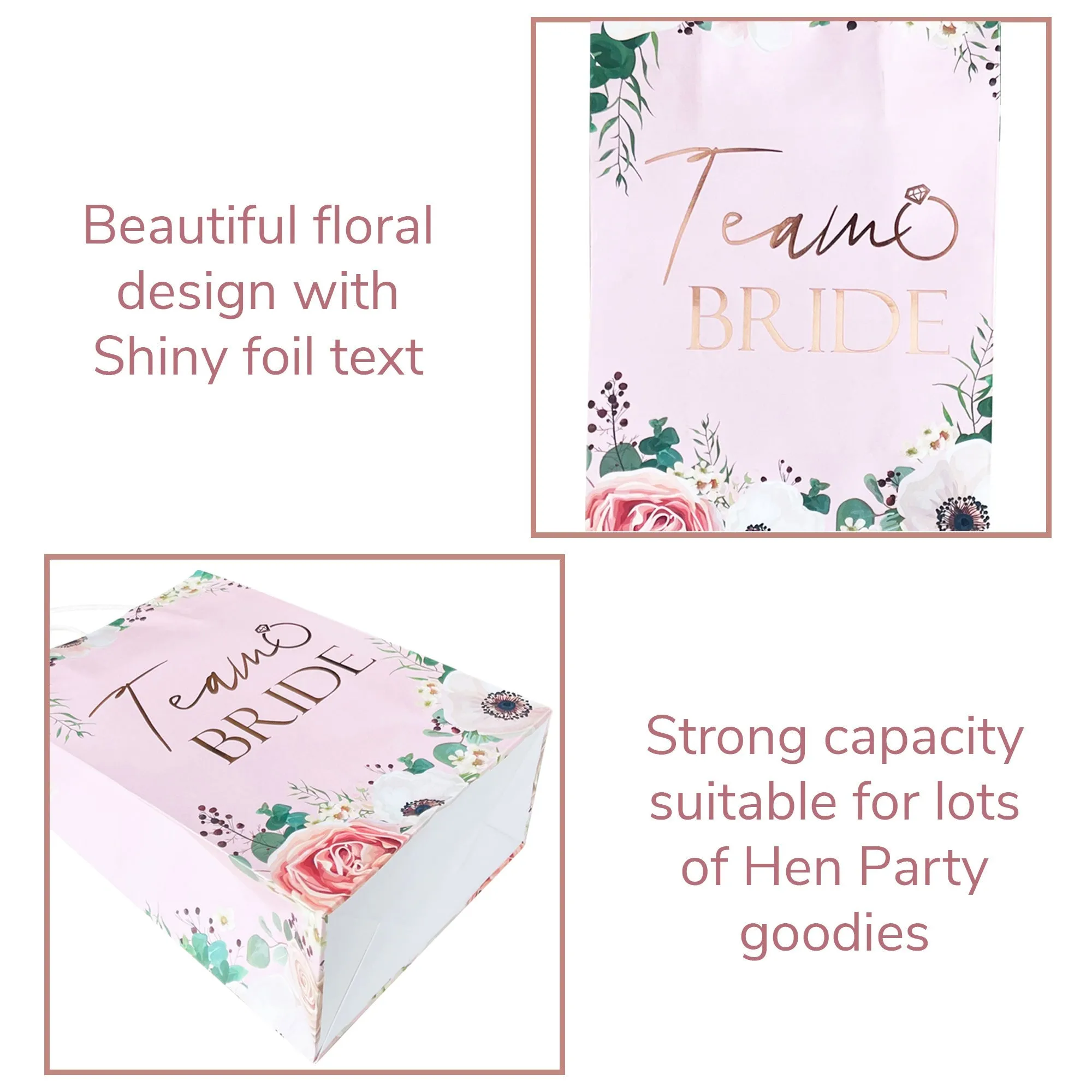 17 Pack Hen Party Bags (16x Team Bride 1x Bride to Be) Paper Bags Light Pink Floral with Rose Gold Foil Text