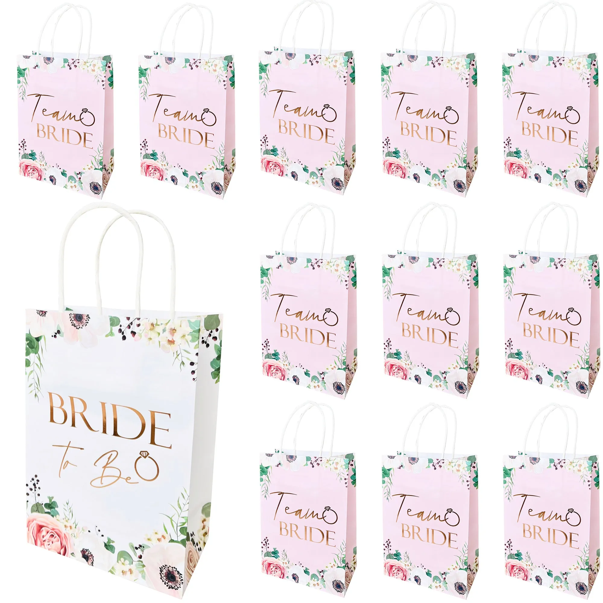 17 Pack Hen Party Bags (16x Team Bride 1x Bride to Be) Paper Bags Light Pink Floral with Rose Gold Foil Text