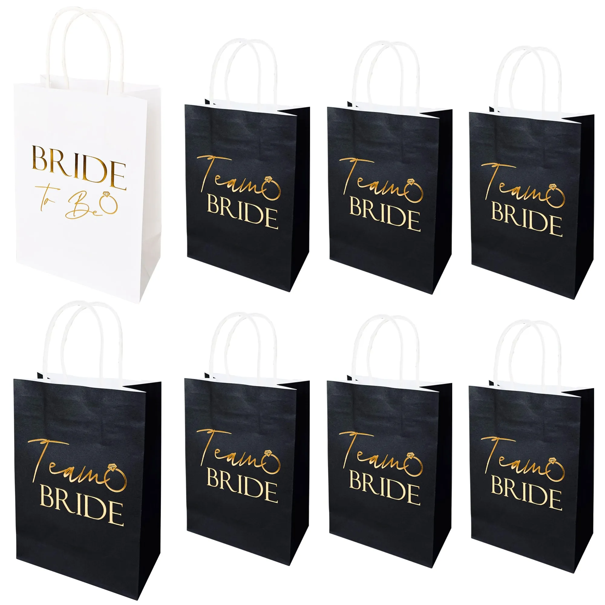 9 Pack Hen Party Bags (8x Team Bride 1x Bride to Be) Paper Bags Black and Gold Foil