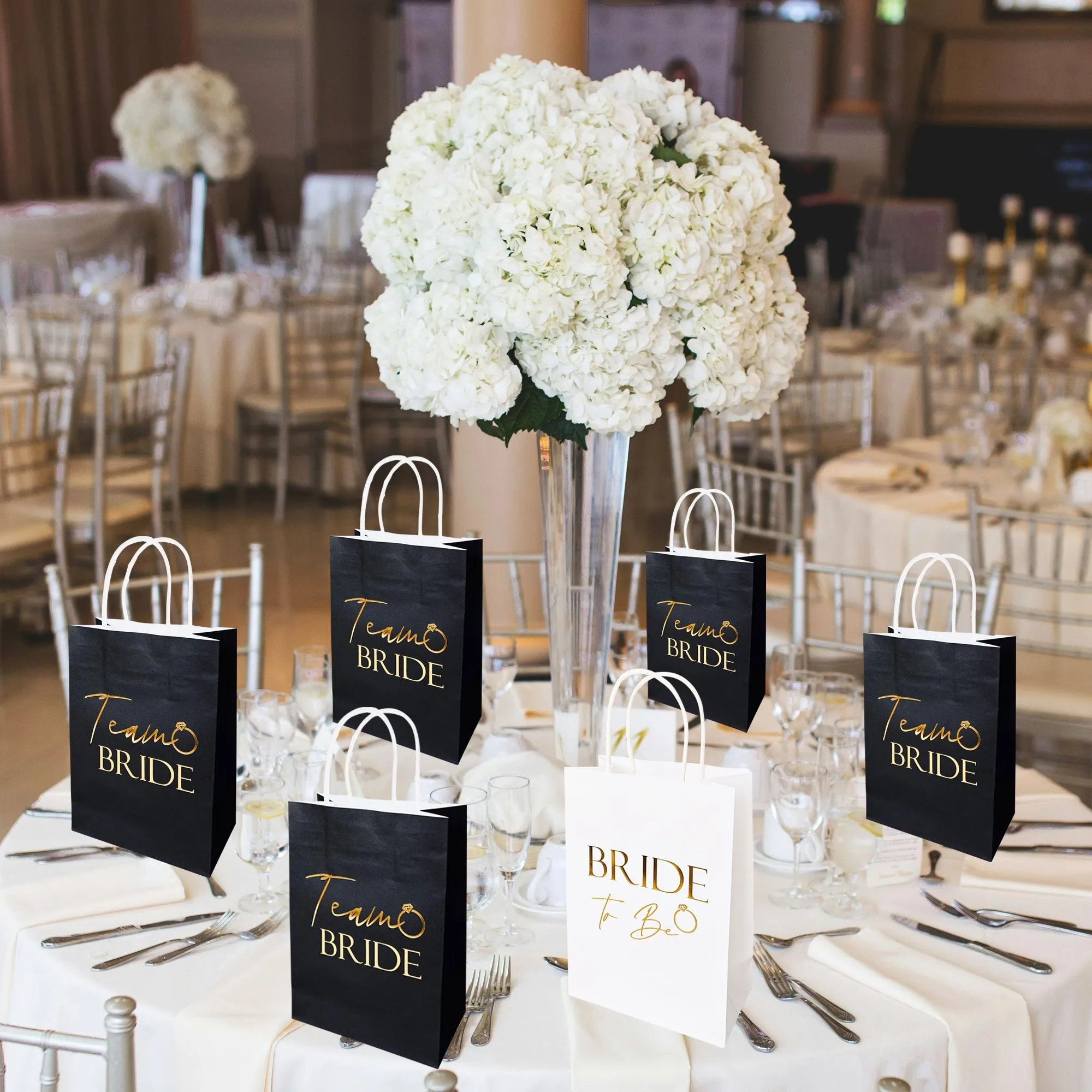 9 Pack Hen Party Bags (8x Team Bride 1x Bride to Be) Paper Bags Black and Gold Foil