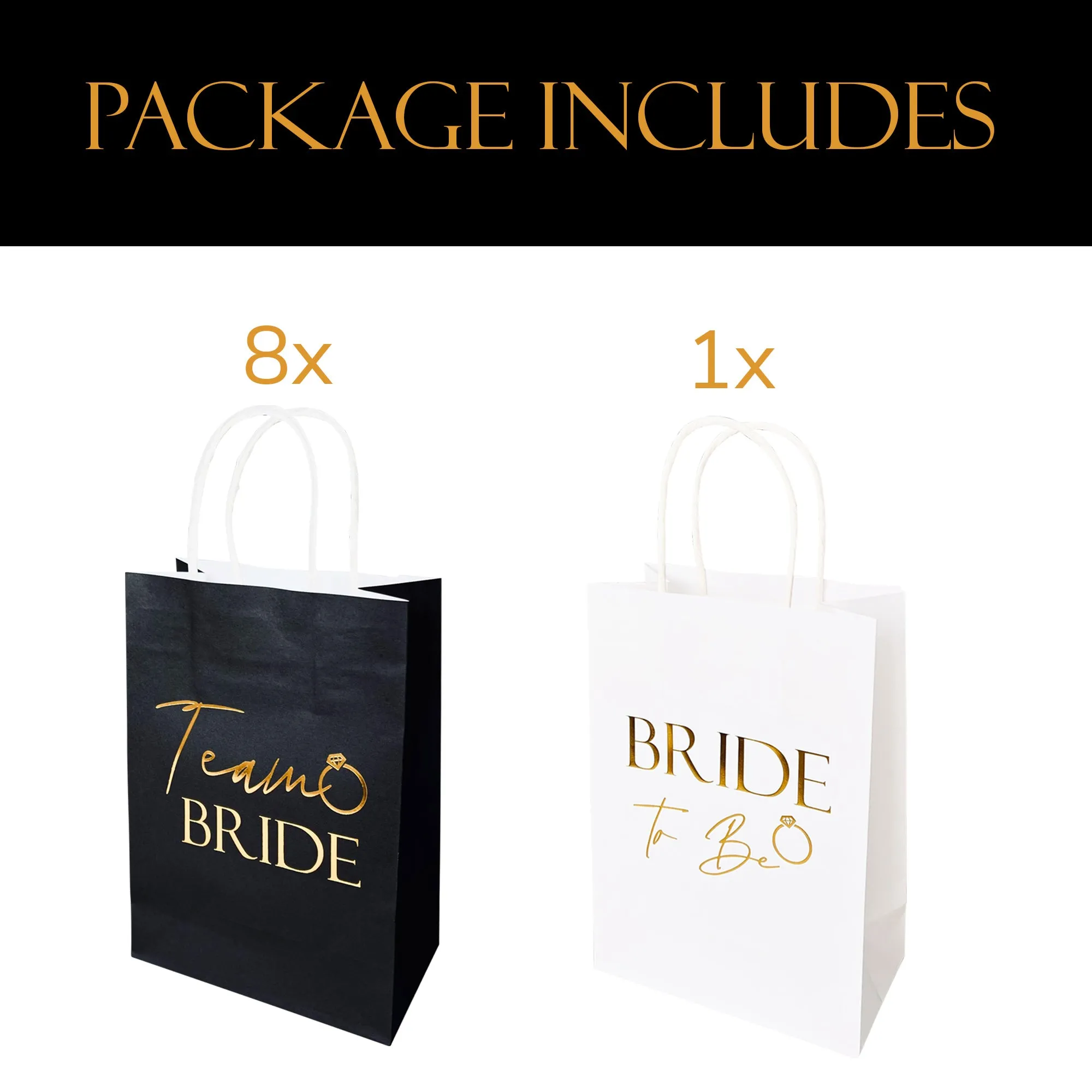 9 Pack Hen Party Bags (8x Team Bride 1x Bride to Be) Paper Bags Black and Gold Foil