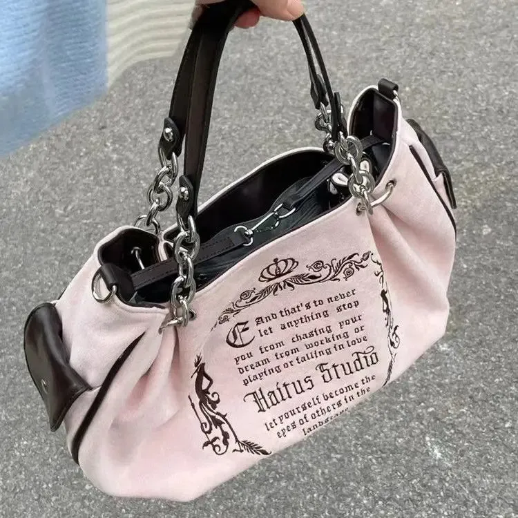 binfenxie  Y2K Pink Vintage Gothic Women Tote Bag Aesthetic Large Capacity Embroidery Letters Retro Shopping Travel Chain Shoulder Bag