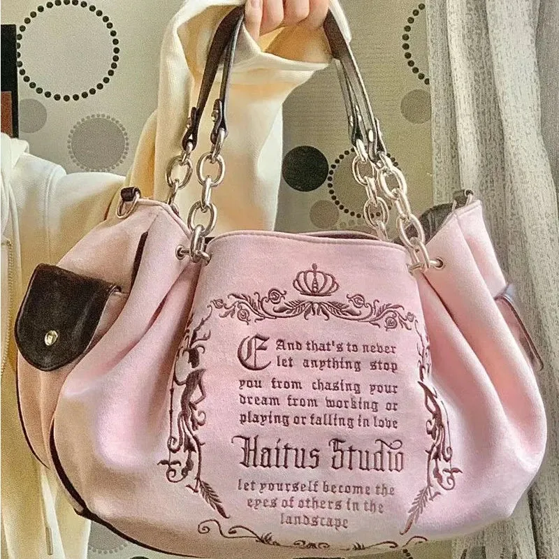binfenxie  Y2K Pink Vintage Gothic Women Tote Bag Aesthetic Large Capacity Embroidery Letters Retro Shopping Travel Chain Shoulder Bag