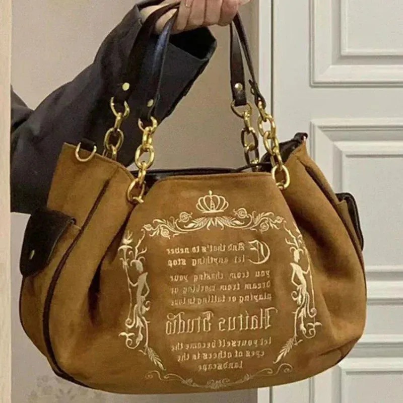 binfenxie  Y2K Pink Vintage Gothic Women Tote Bag Aesthetic Large Capacity Embroidery Letters Retro Shopping Travel Chain Shoulder Bag