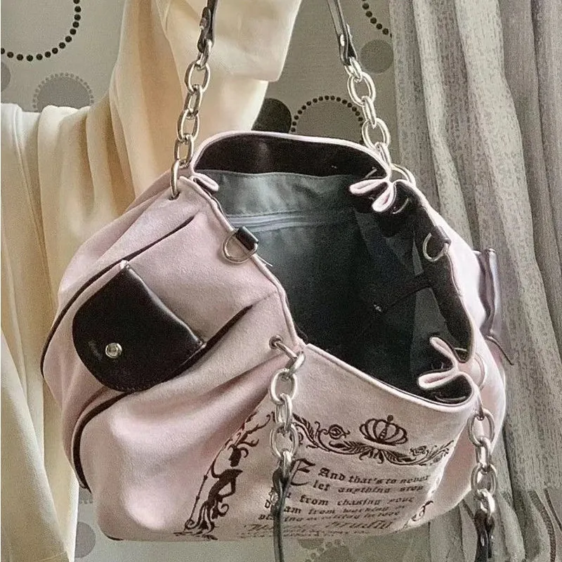 binfenxie  Y2K Pink Vintage Gothic Women Tote Bag Aesthetic Large Capacity Embroidery Letters Retro Shopping Travel Chain Shoulder Bag