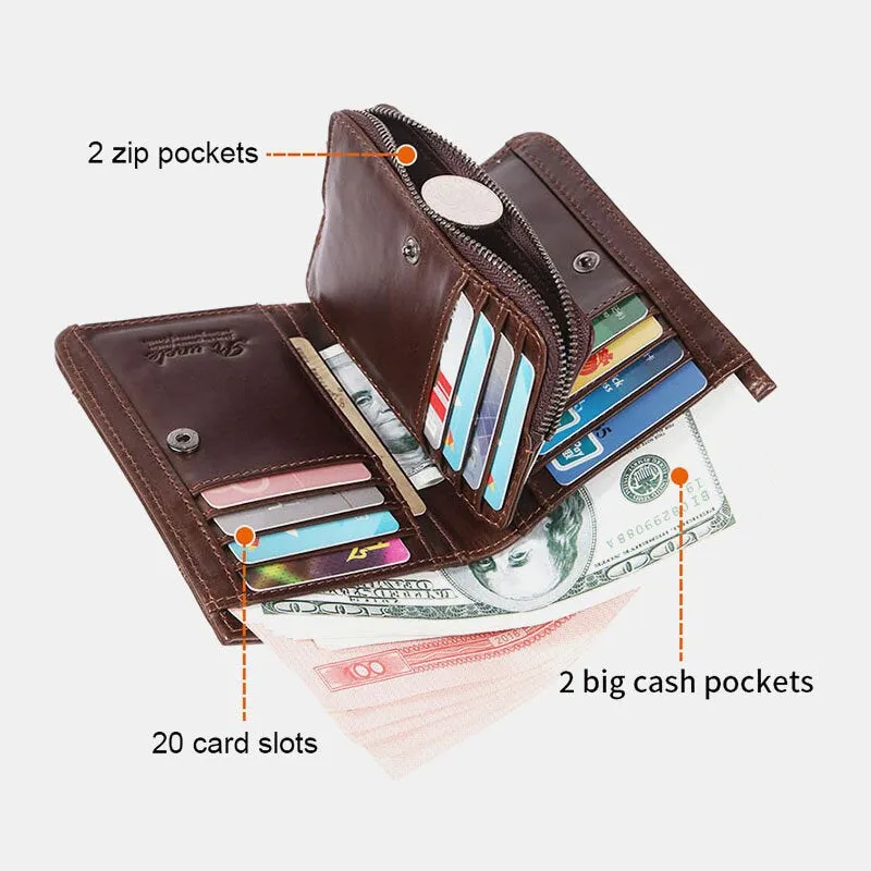 Men Bifold Vertical Wallets RFID Blocking Large Capacity Zipper Coin Purse Soft Genuine Leather Multi-card Slot Card Holder