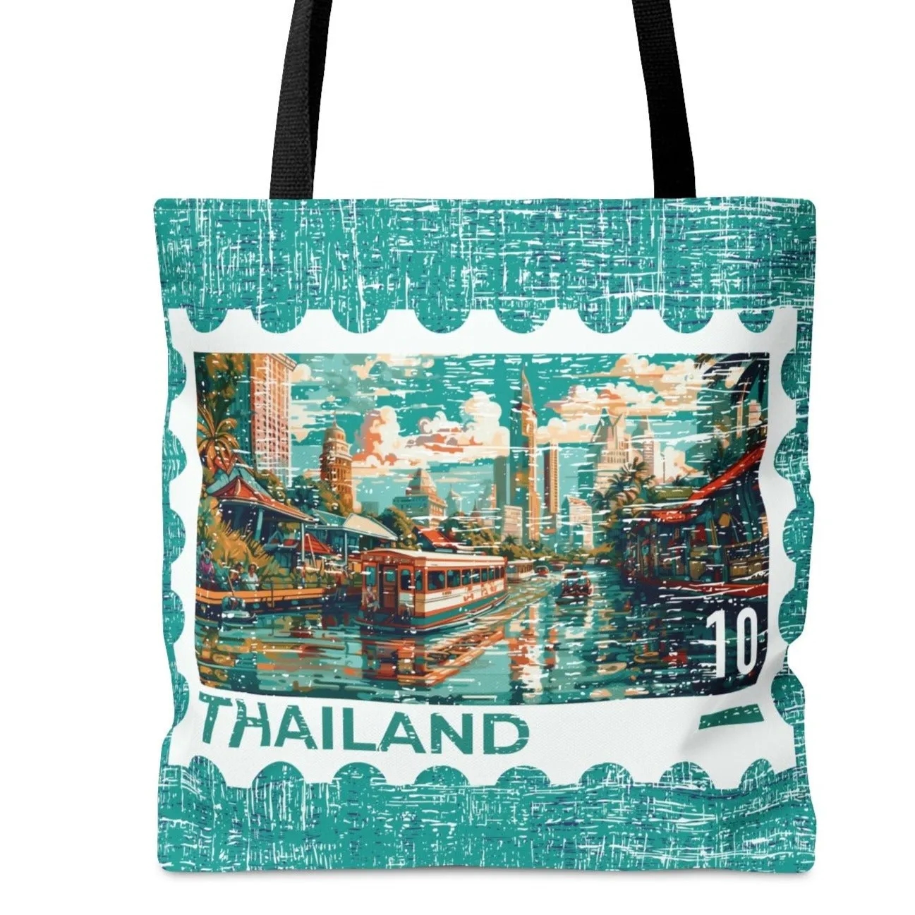 Thailand Postage Stamp Teal Large Tote Bag - Exotic Thai Travel Souvenir