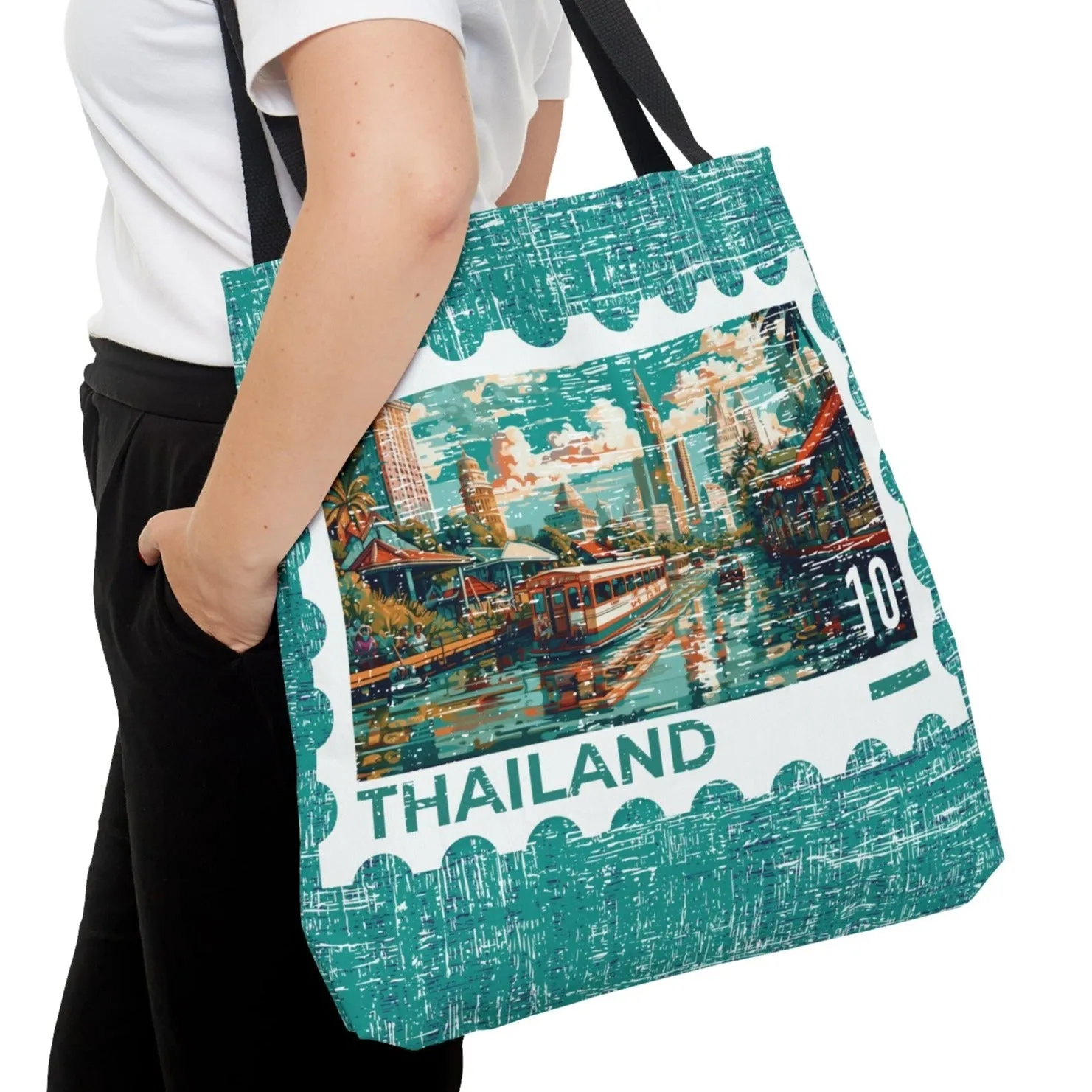 Thailand Postage Stamp Teal Large Tote Bag - Exotic Thai Travel Souvenir