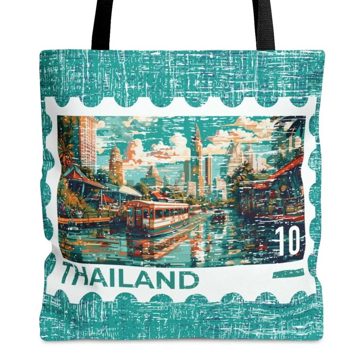 Thailand Postage Stamp Teal Large Tote Bag - Exotic Thai Travel Souvenir