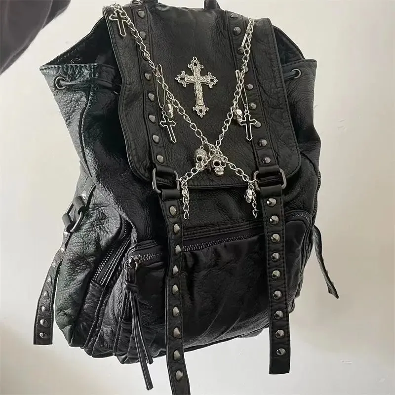 Uakiss Goth Y2k Backpacks for Women Black Punk Rivet Chain School Students Bag Pu Leather Cross Skeleton Fashion Female Backpacks