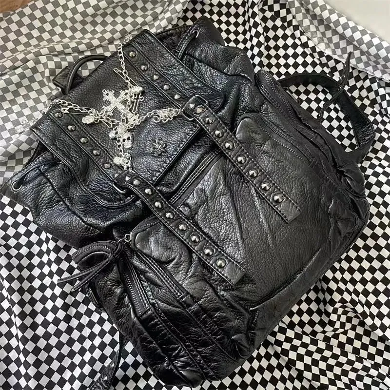 Uakiss Goth Y2k Backpacks for Women Black Punk Rivet Chain School Students Bag Pu Leather Cross Skeleton Fashion Female Backpacks