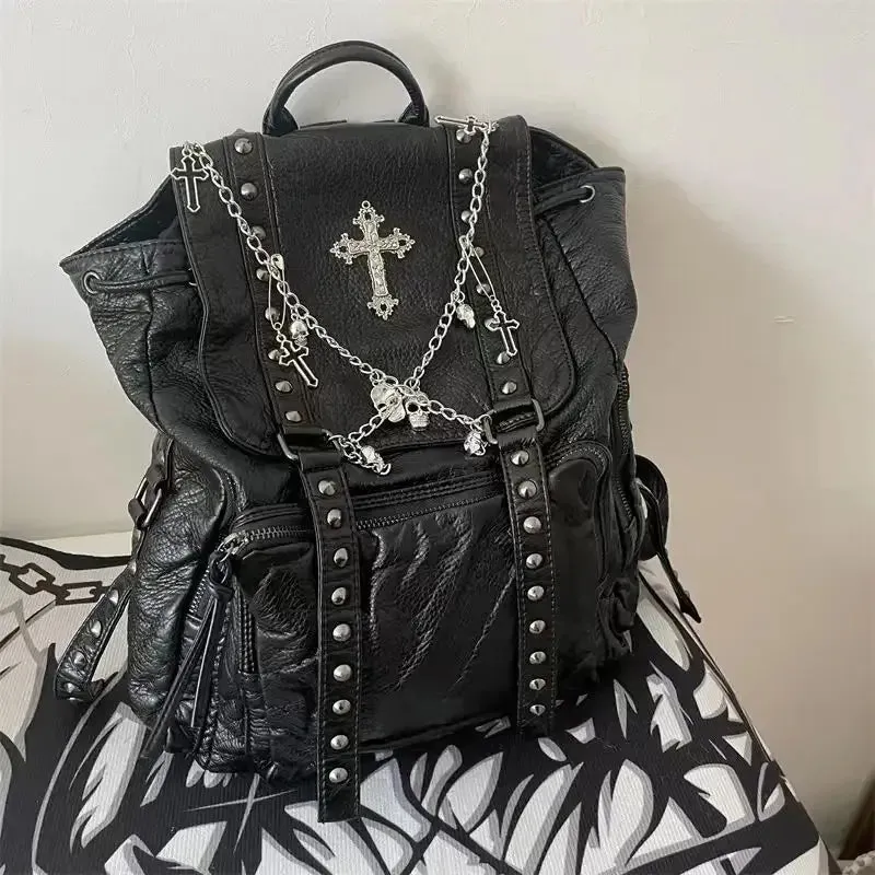 Uakiss Goth Y2k Backpacks for Women Black Punk Rivet Chain School Students Bag Pu Leather Cross Skeleton Fashion Female Backpacks