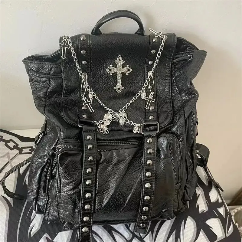 Uakiss Goth Y2k Backpacks for Women Black Punk Rivet Chain School Students Bag Pu Leather Cross Skeleton Fashion Female Backpacks