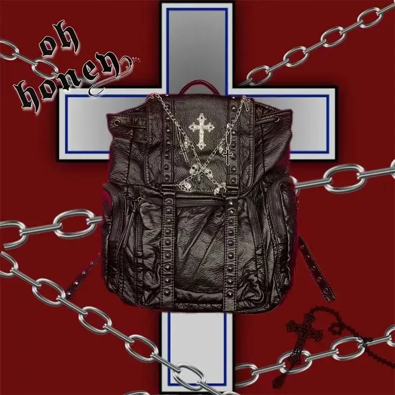 Uakiss Goth Y2k Backpacks for Women Black Punk Rivet Chain School Students Bag Pu Leather Cross Skeleton Fashion Female Backpacks