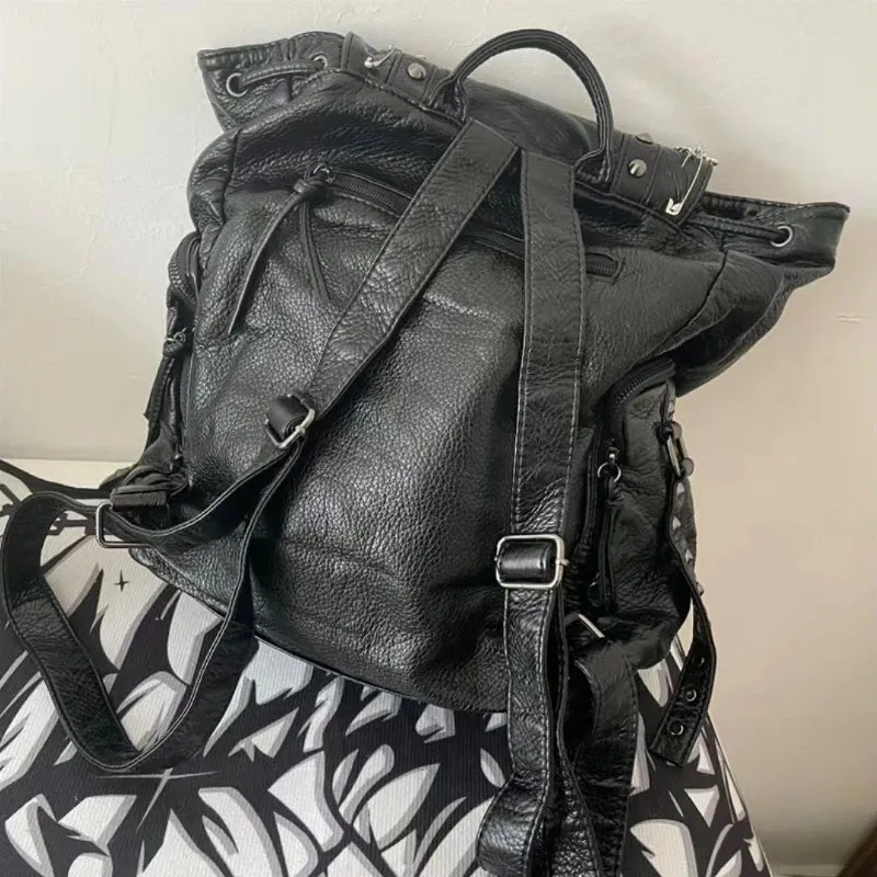 Uakiss Goth Y2k Backpacks for Women Black Punk Rivet Chain School Students Bag Pu Leather Cross Skeleton Fashion Female Backpacks